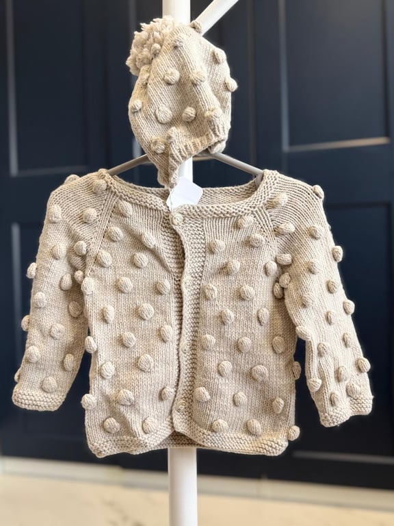 Hand-Knitted Baby Cardigan and Hat Set with Bobble Detail – Oatmeal Beige