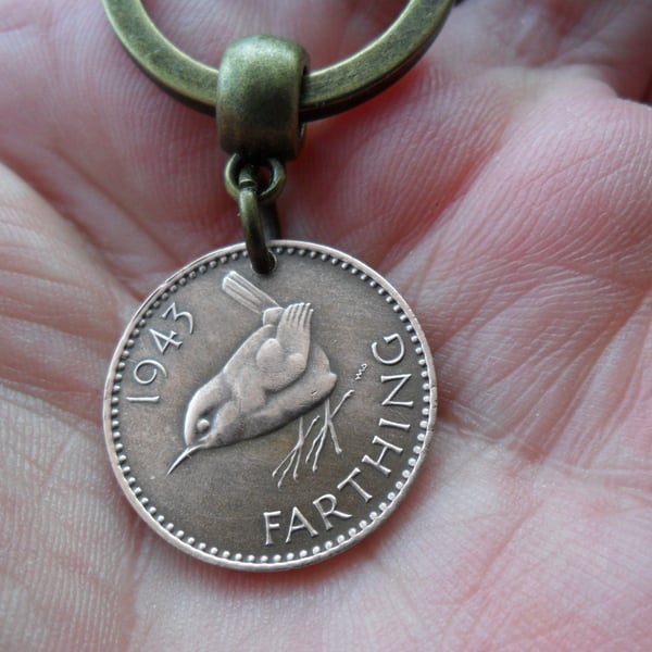 80th Birthday present 80th birthday gift 1943 farthing British bird coin keyfob 