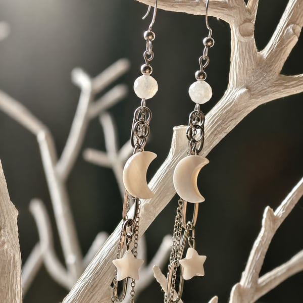 Long chain and shell moon stars alternative bold earrings 