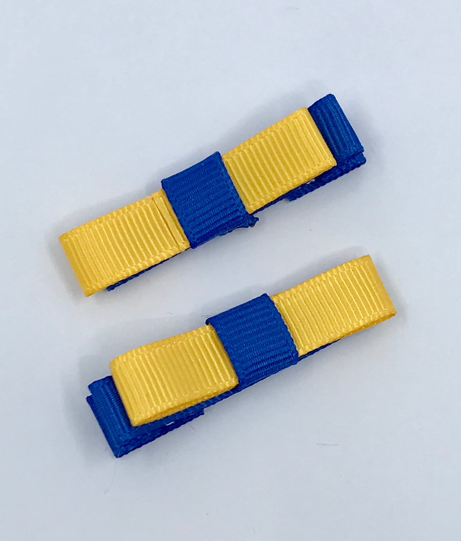 Small Straight Royal Blue and Yellow Gold Bow Clips (pair)