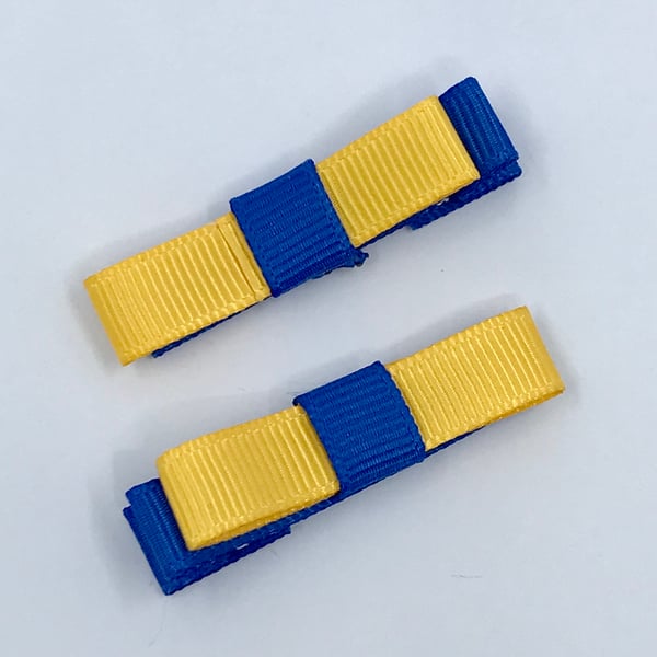 Small Straight Royal Blue and Yellow Gold Bow Clips (pair)