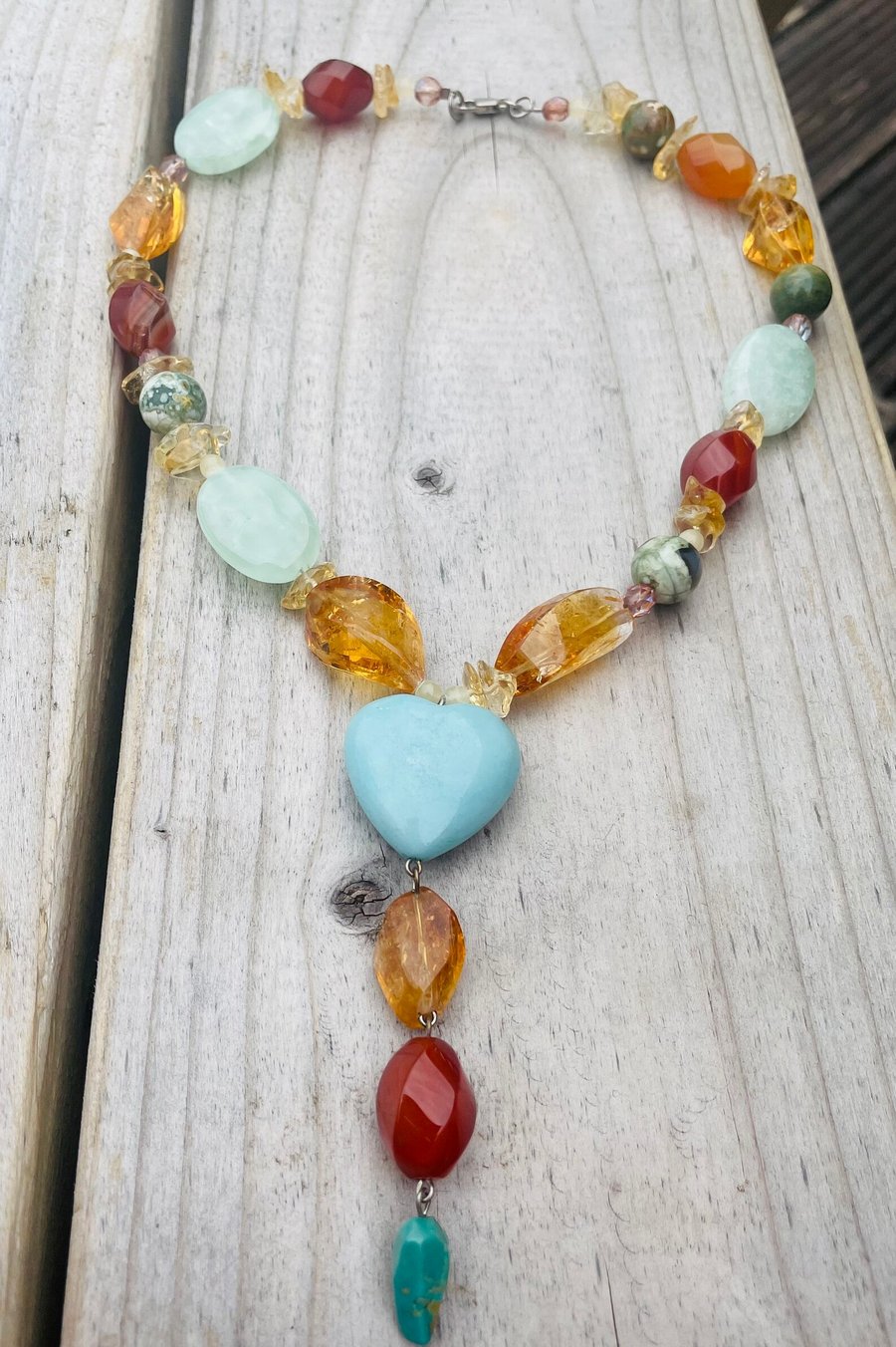Aventurine Heart, Carnelian, Citrine Necklace. 