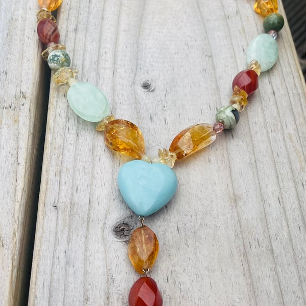 Aventurine Heart, Carnelian, Citrine Necklace. 