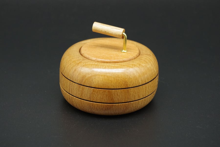 Wooden Ring Box. Handmade in the form of a miniature curling stone. "