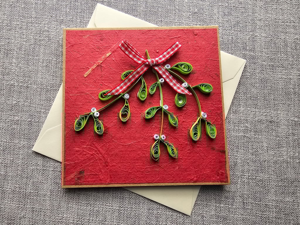 Square Tent-Style Quilled Mistletoe Festive Card Size 5" x 5"