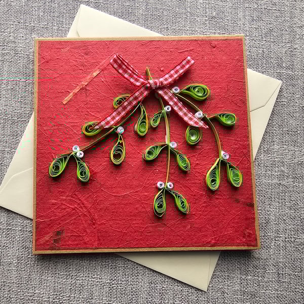Square Tent-Style Quilled Mistletoe Festive Card Size 5" x 5"