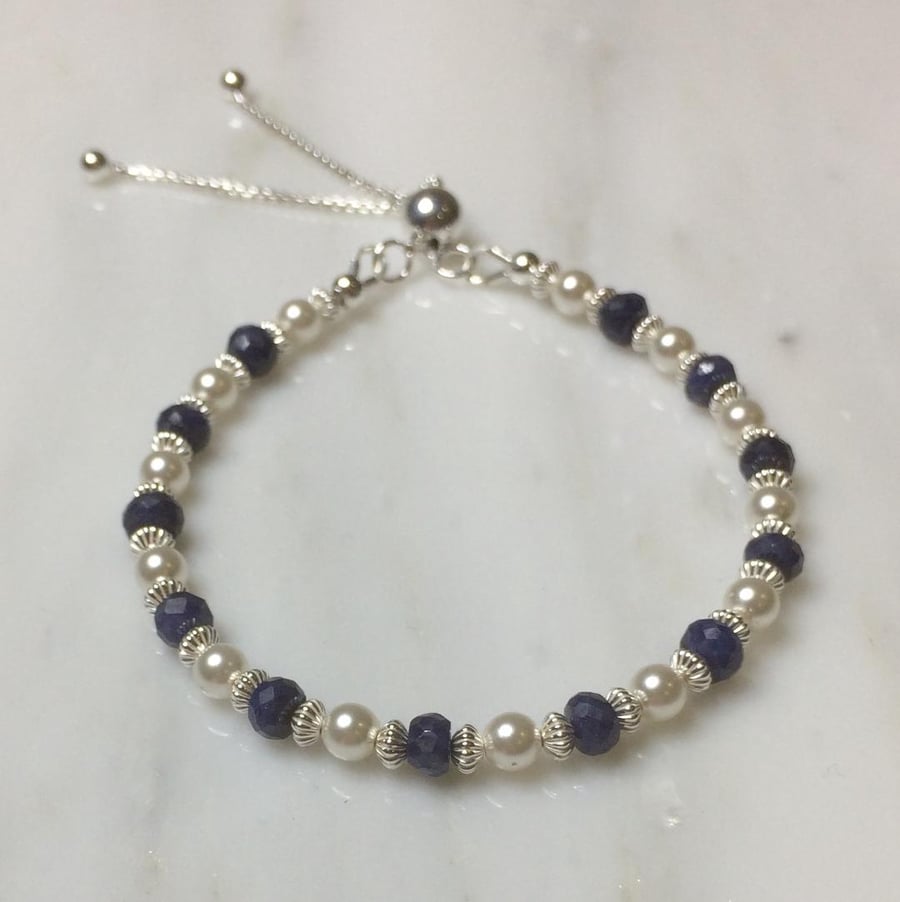 sapphire, pearl and sterling silver slider bracelet
