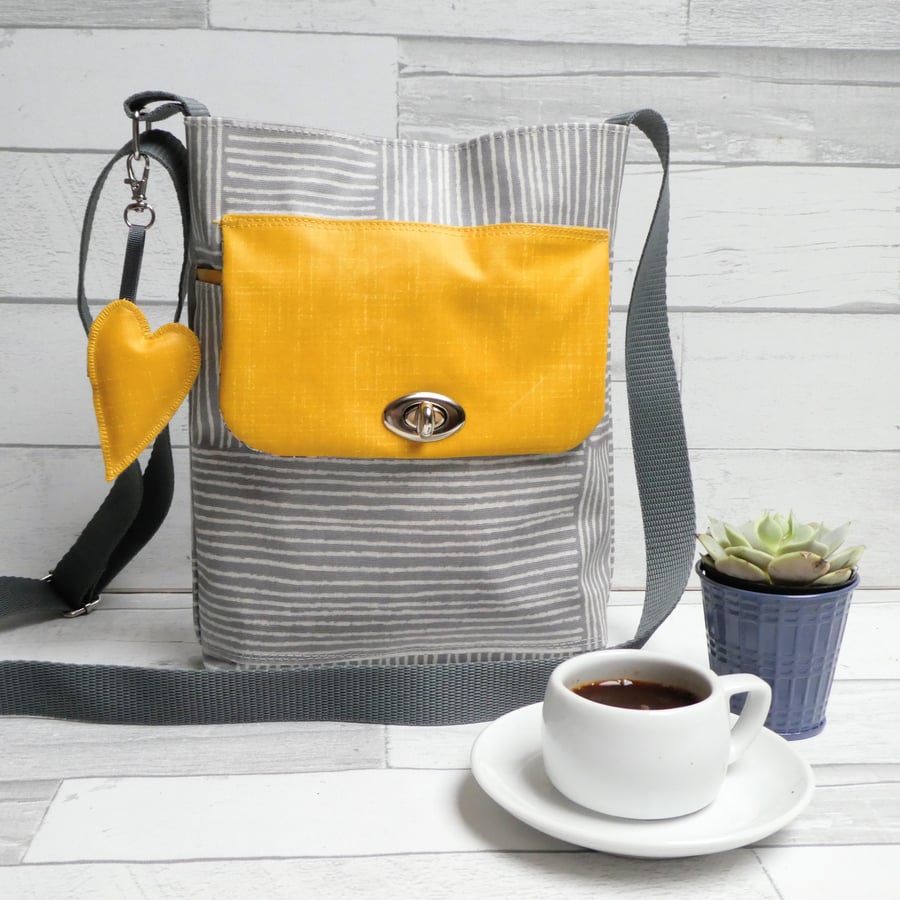 Handmade Grey and Mustard Oilcloth Small Cross-body Bag