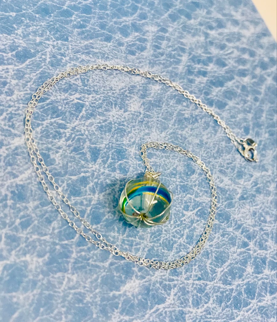 Glass painted bead in silver necklace 