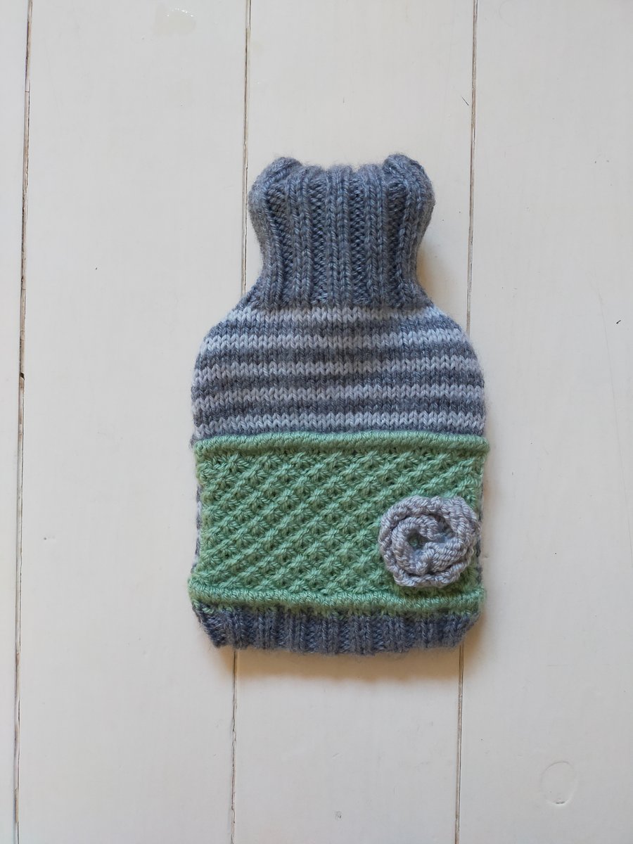 SALE : Hot water bottle cover with daisy stitch detail - green