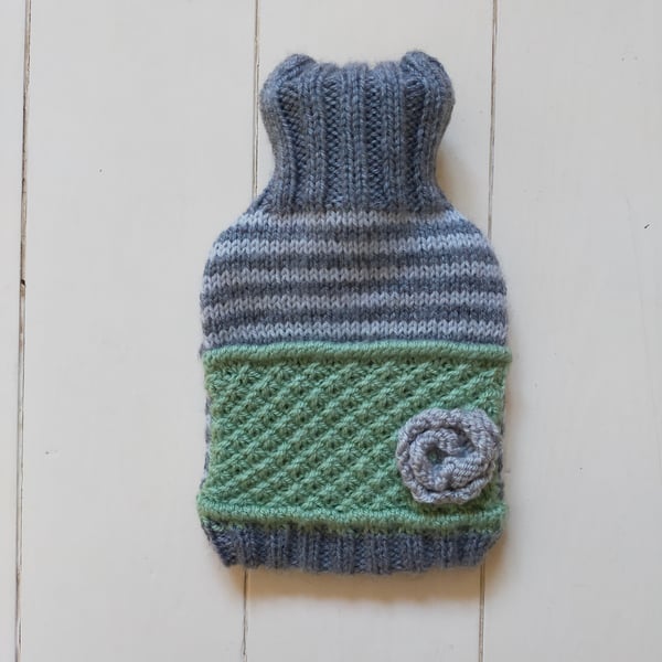 SALE : Hot water bottle cover with daisy stitch detail - green