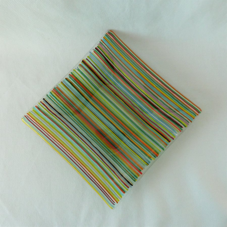 Colourful striped square fused glass dish