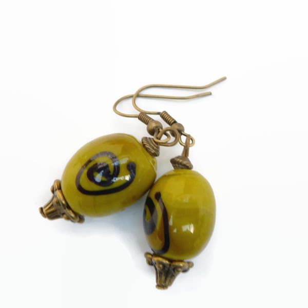 Antique Bronze Bead Earrings Olive Green