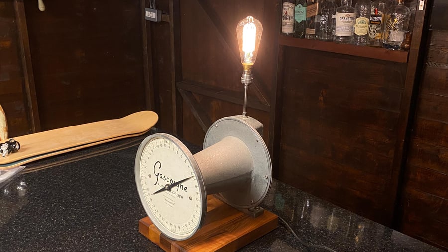 Up cycled Gascoigne Paymaster scales into a unique ,bespoke vintage table lamp. 