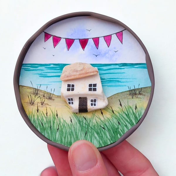 Handmade Beach Cottage Fridge Magnet, Mini Sea Glass Watercolour Sustainable Art
