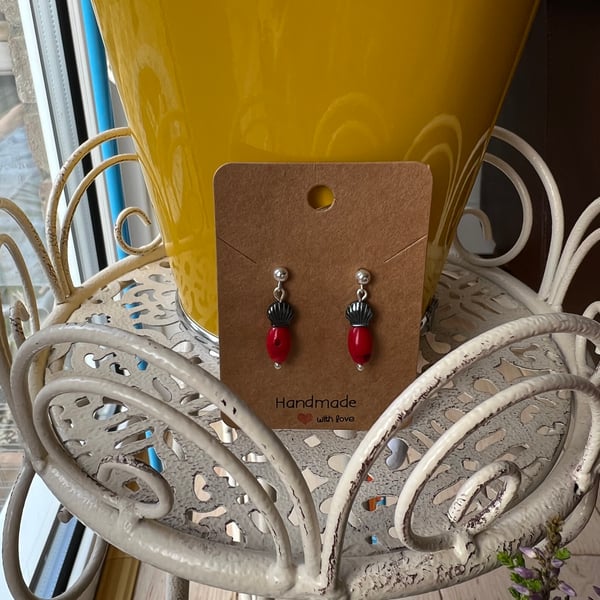 Coral,hematite shell drop stud earrings 