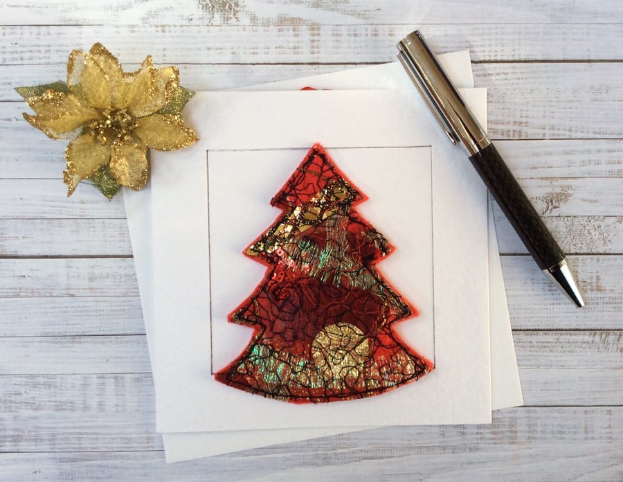 Embroidered up-cycled Christmas tree card and decoration.  