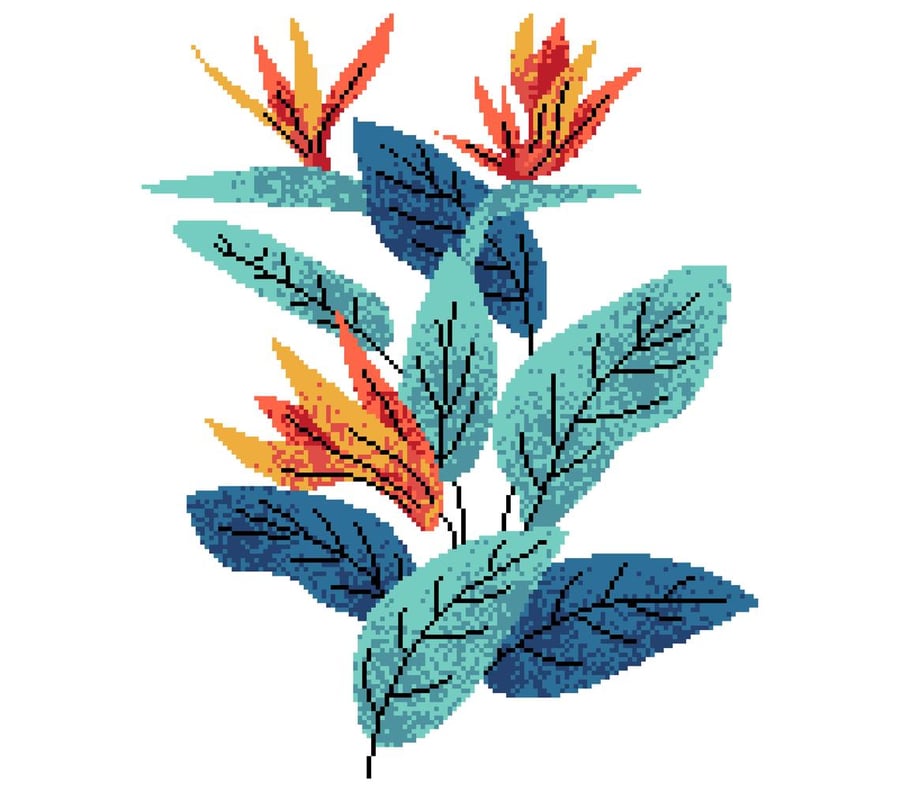 200 - Mid-Century Gentiana Tropical Orange Flowers - Cross Stitch Pattern