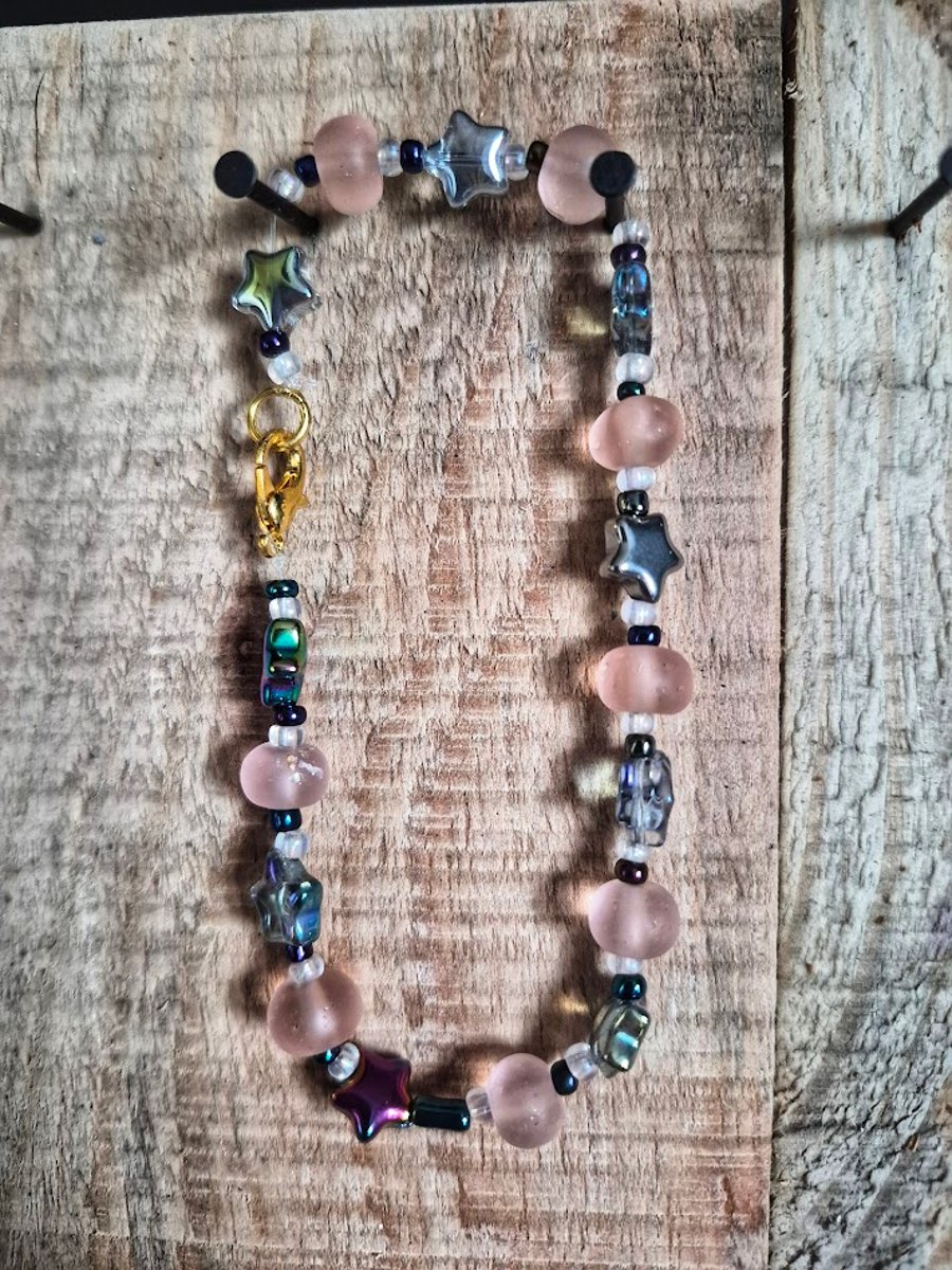 Handmade Beaded Bracelet with Star Beads – Pastel and Iridescent Jewellery – One