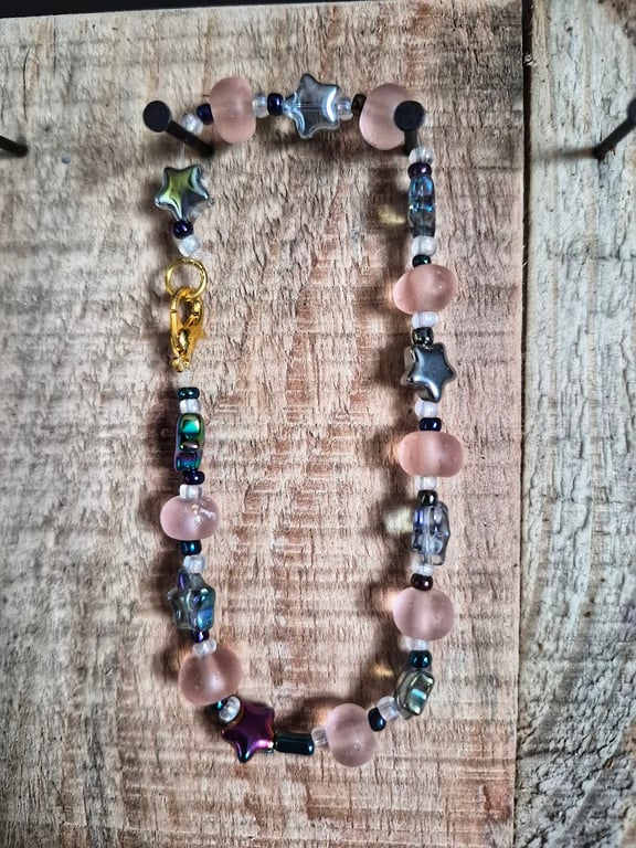Handmade Beaded Bracelet with Star Beads – Pastel and Iridescent Jewellery – One