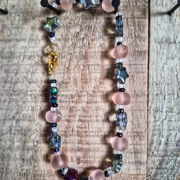 Handmade Beaded Bracelet with Star Beads – Pastel and Iridescent Jewellery – One