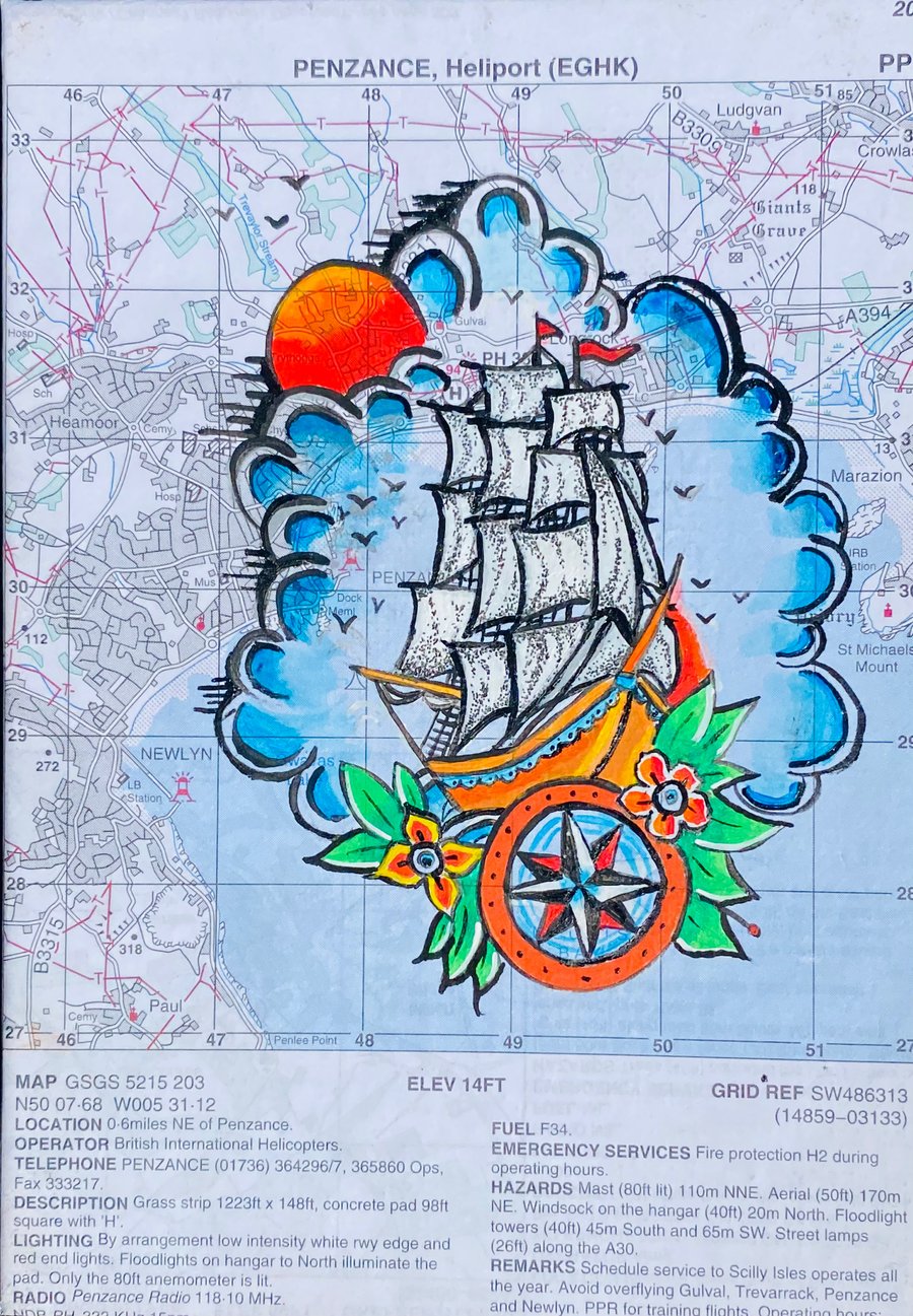 Old ship painting on a map of Penzance