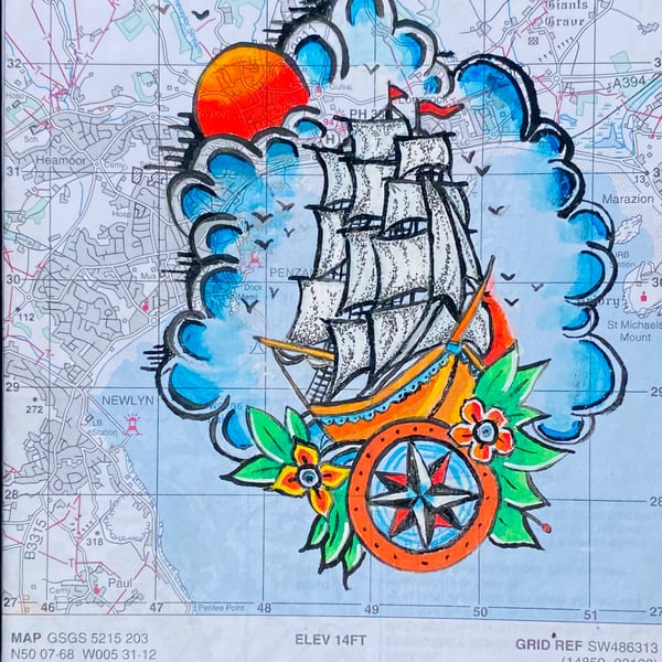 Old ship tattoo painting on a helicopter landing map of Penzance