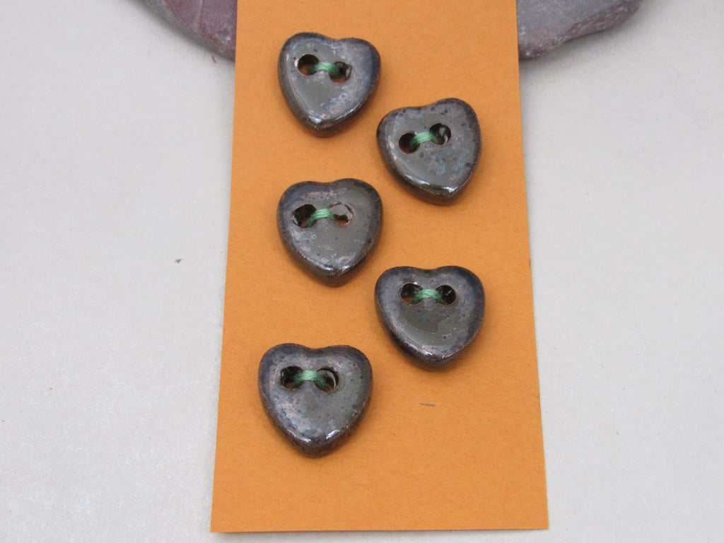 5 Small Heart Shaped Obsidian Handmade Ceramic Buttons