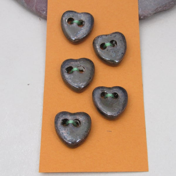 5 Small Heart Shaped Obsidian Handmade Ceramic Buttons