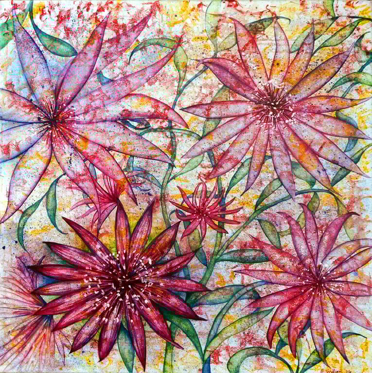 Colourful Semi-Abstract Flower Oil Painting Original Framed Square Floral Canvas