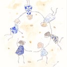 Dancing in the Sand in their Blue and White Dresses  Original Art