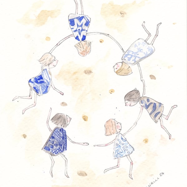 Dancing in the Sand in their Blue and White Dresses  Original Art