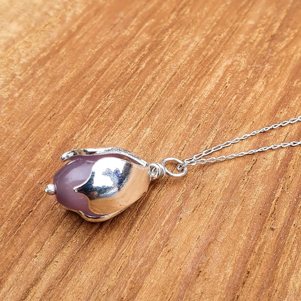 Cats Eye Quartz and Fine Silver Fairy Seed Pod Pendant Necklace