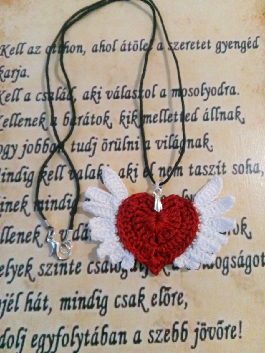 Red crochet heart pendant, love heart with wings