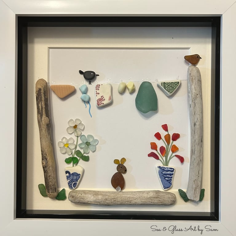Handmade Sea Glass Washing Line Picture - Framed 8x8 Garden Cottage Pebble Art