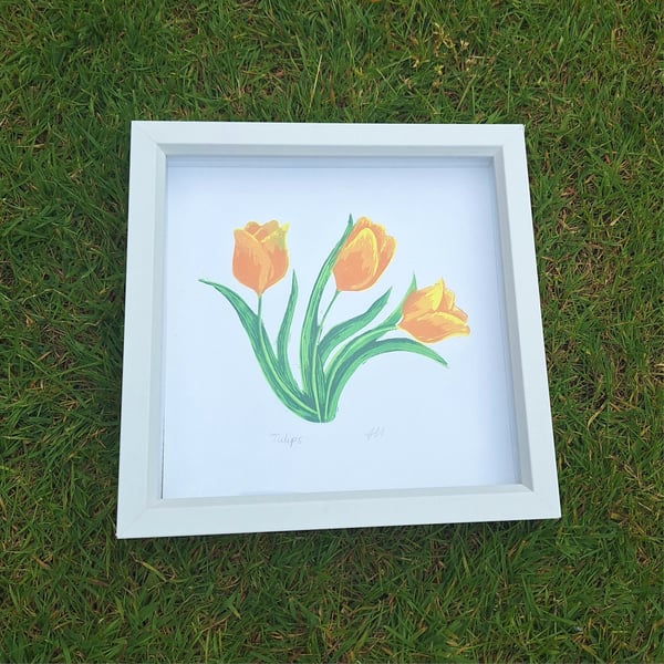 An original handprinted linoprint of a colourful tulips. 'Tulips.' 