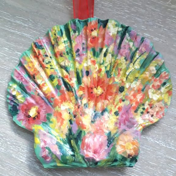 'Bright abstract flowers' Handpainted king scallop shell, wall art.  