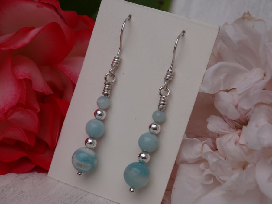 3 bead Amazonite gemstone earrings throat chakra