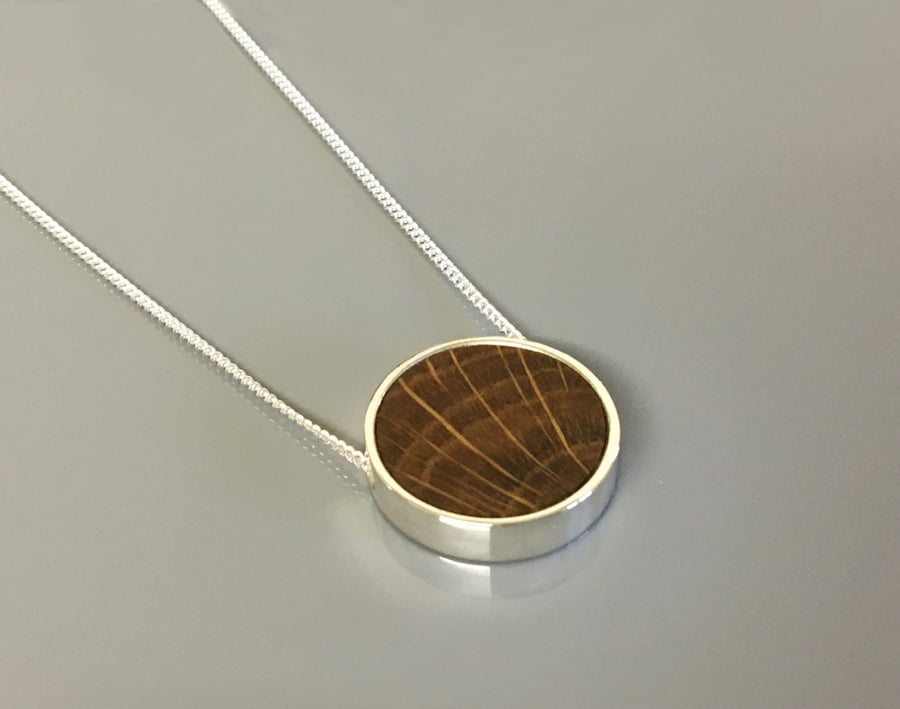 Wood & Sterling Silver Necklace. Whiskey Barrel Oak Wood. Anniversary Gift Idea
