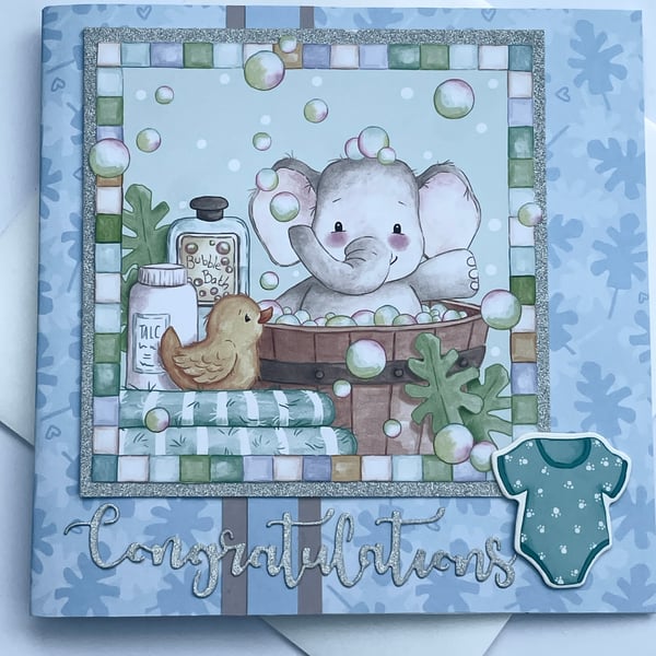 New addition to the family elephant bubble bath baby boy card