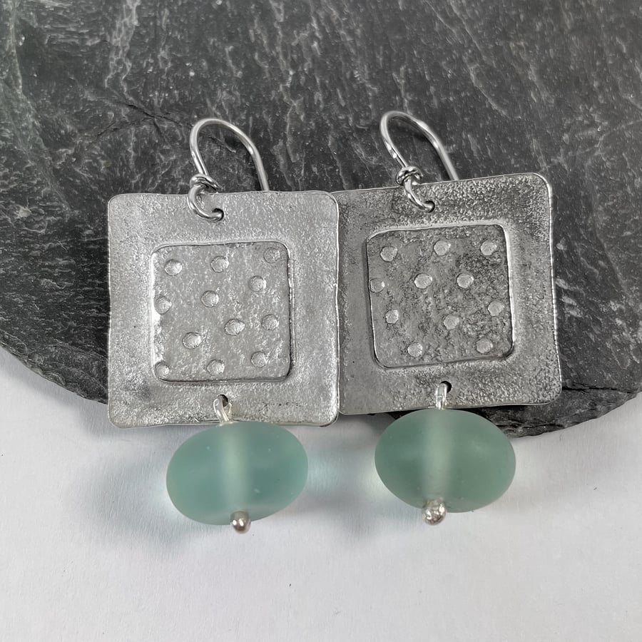 Sterling silver square earrings with frosted aqua glass beads