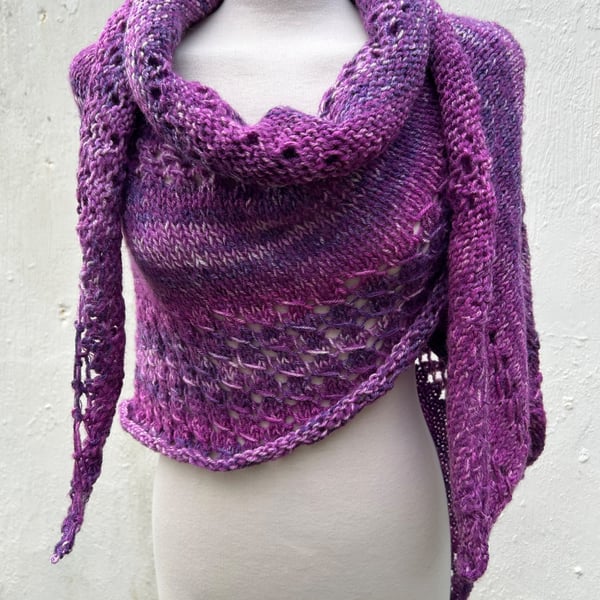 Lilacs in Bloom Merino Mohair Wool Handknitted Textured Lace Shawl Wrap