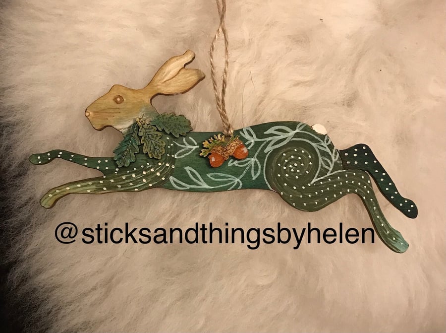 Woodland whimsical Hare, hanging ornament, oak leaves and acorns