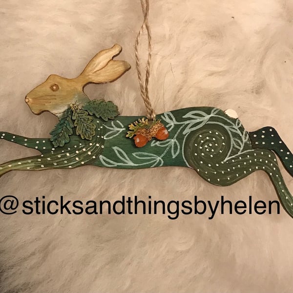 Woodland whimsical Hare, hanging ornament, oak leaves and acorns