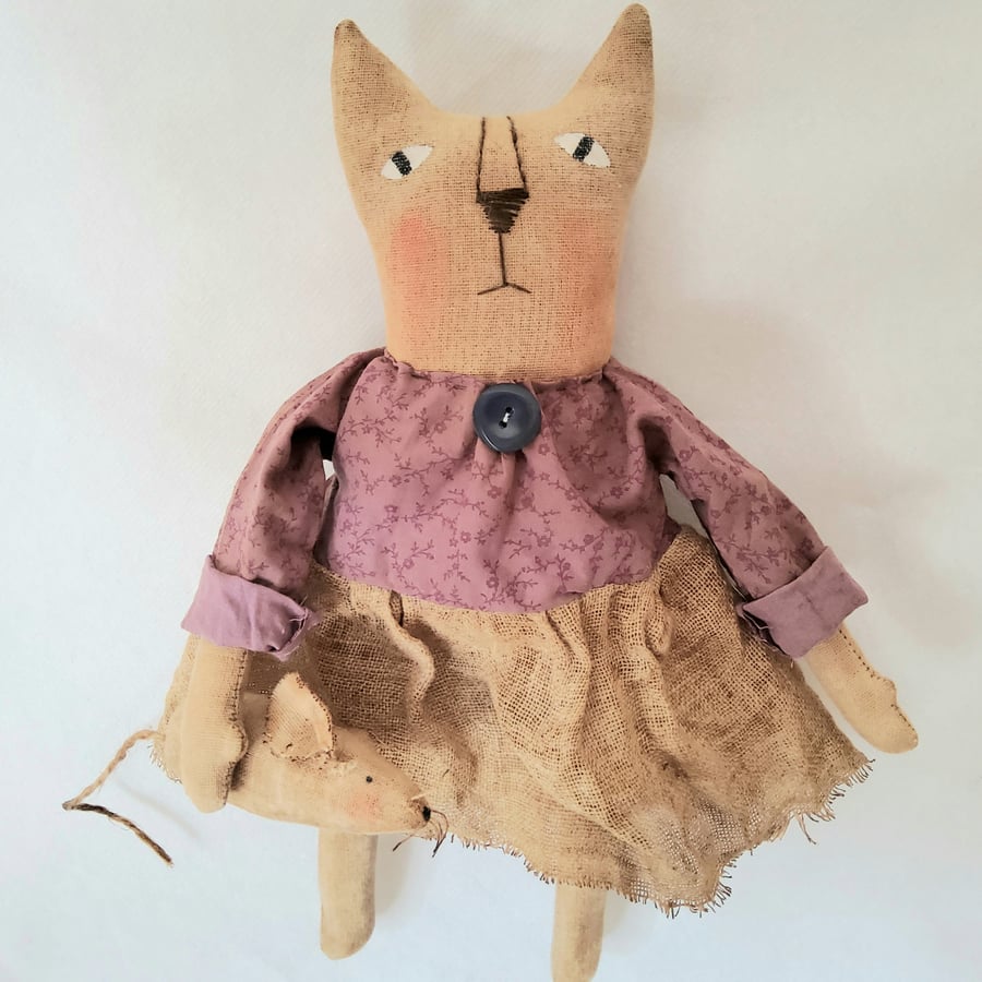 Primitive folk art Cat and Mouse cloth dolls