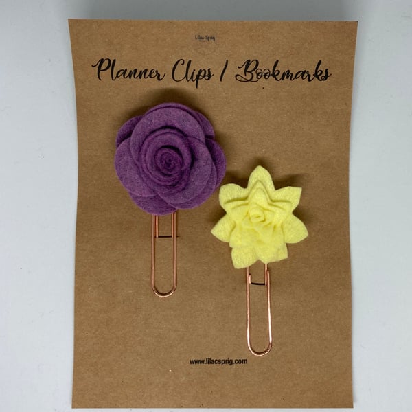 Set of 2 Felt Rose and Lily Flower & Rose Gold Planner Clips