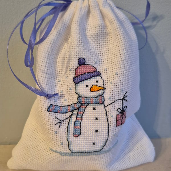 Hand Embroidered Christmas Cross Stitch Gift Bag