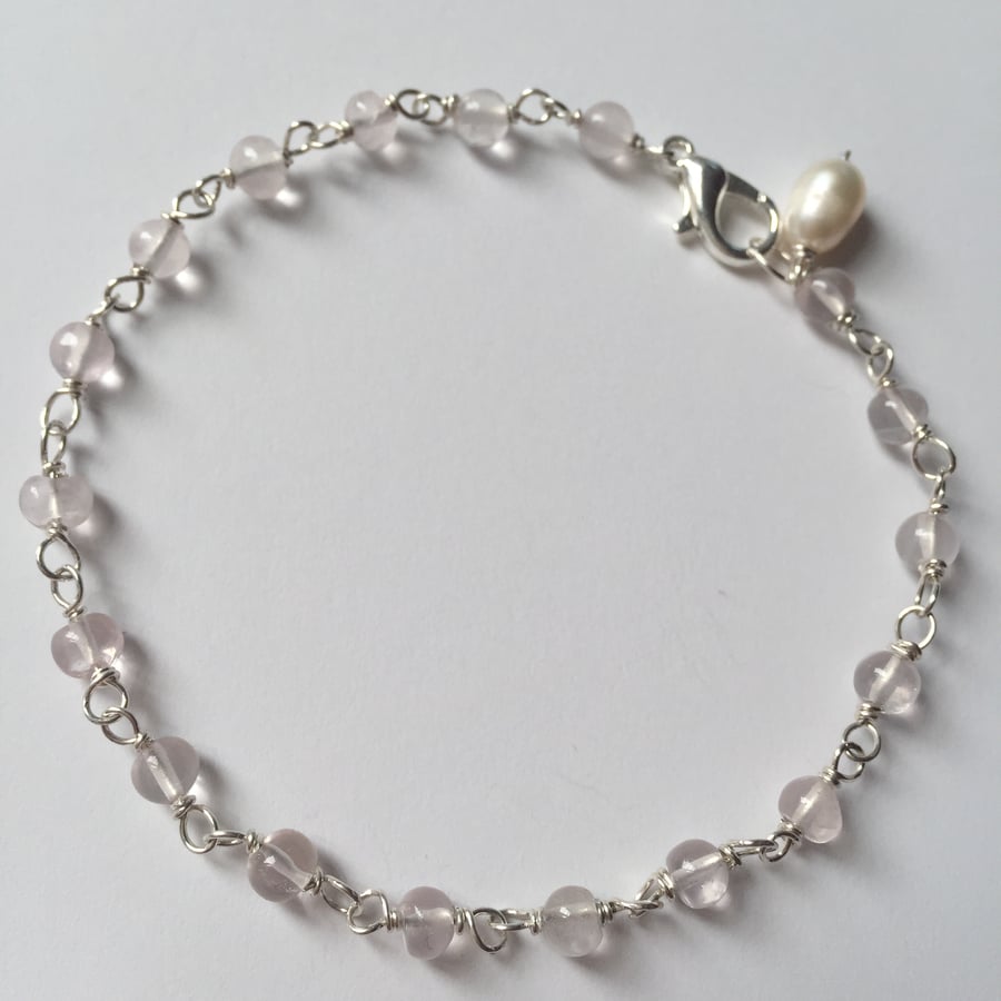 Rose Quartz sterling silver bead bracelet with pearl charm