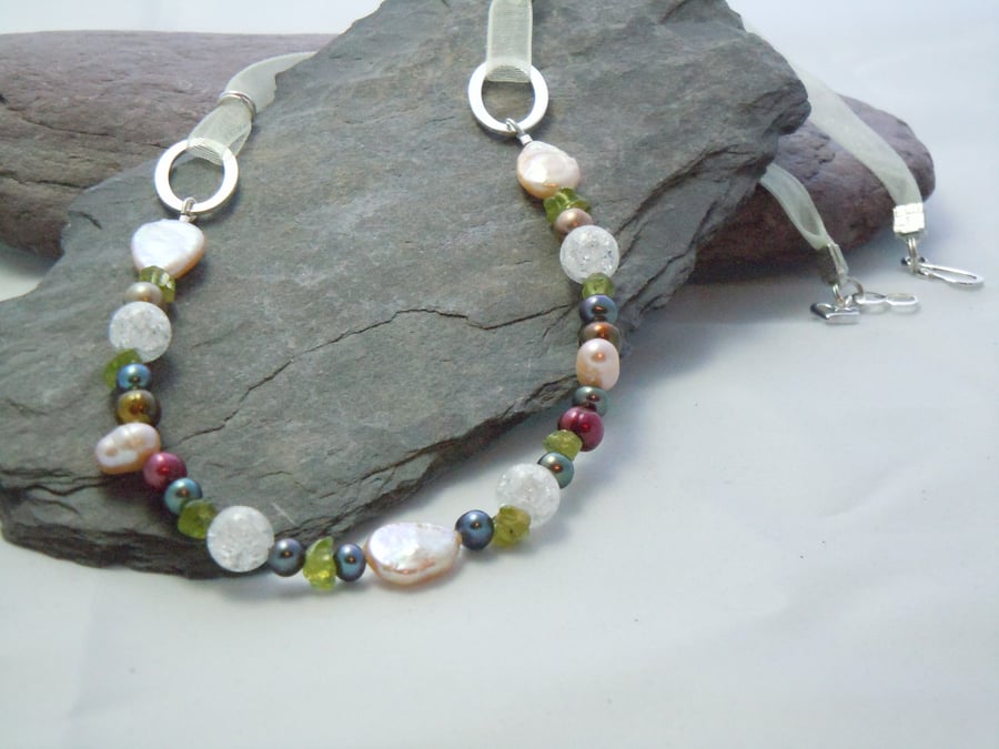 Peridot, freshwater pearls & crackled quartz necklace with a heart charm 