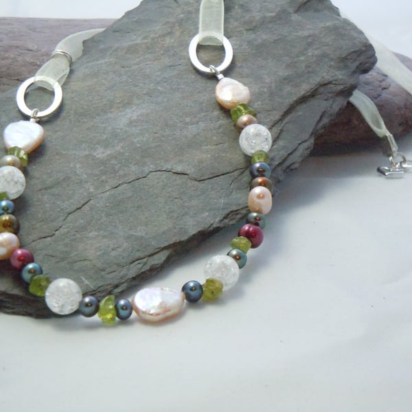 Peridot, freshwater pearls & crackled quartz necklace with a heart charm 